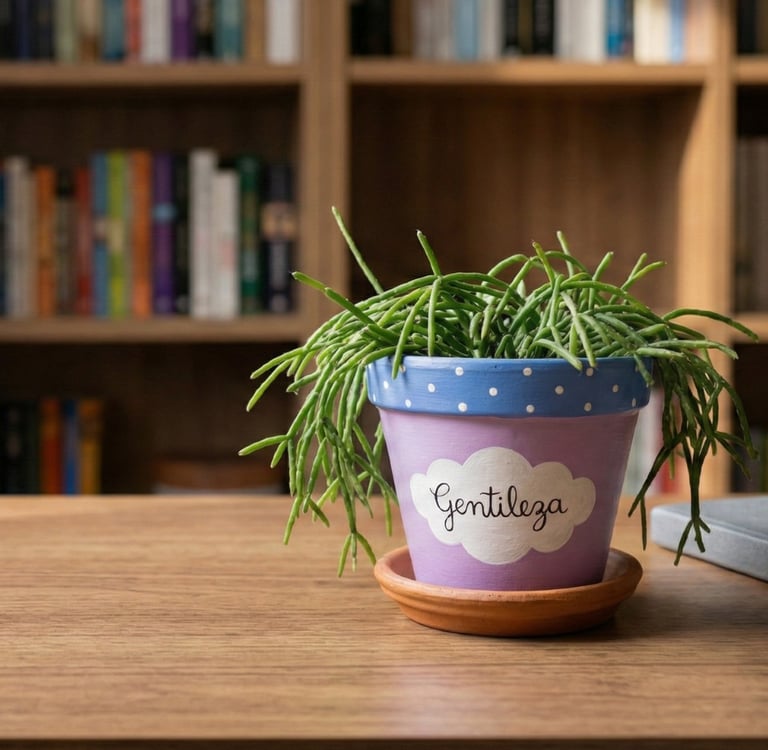 um vaso com uma planta sobre uma mesa