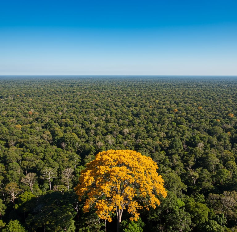 Ipê amarelo florescendo em destaque em uma floresta verde, uma Estratégia de Narrativa de Marca