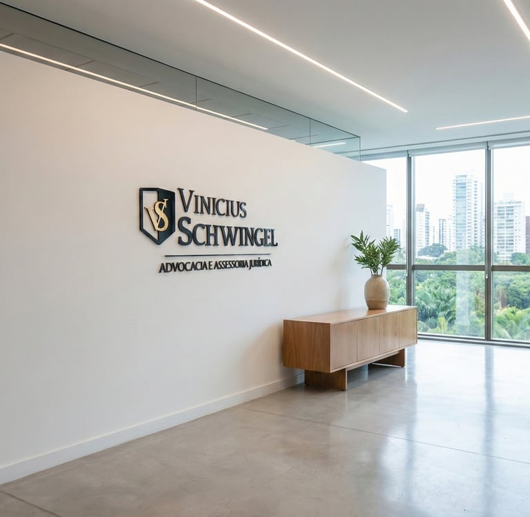 Logotipo aplicado na parede de escritório jurídico.