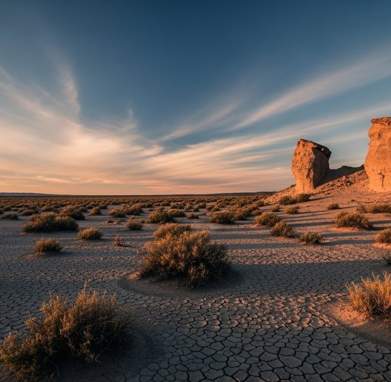 a desert landscape with a few rocks and a few bushes