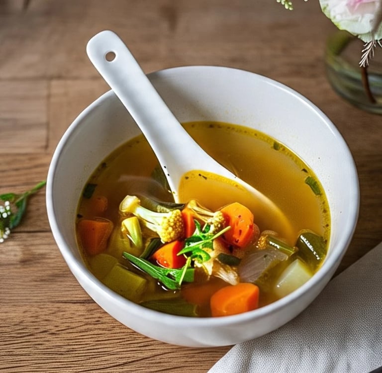a bowl of broth soup with a spoon and a spoon in it