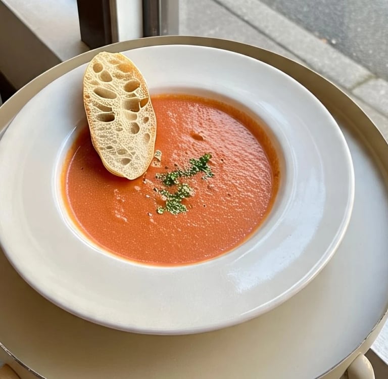 a bowl of soup with breaded bread on a table
