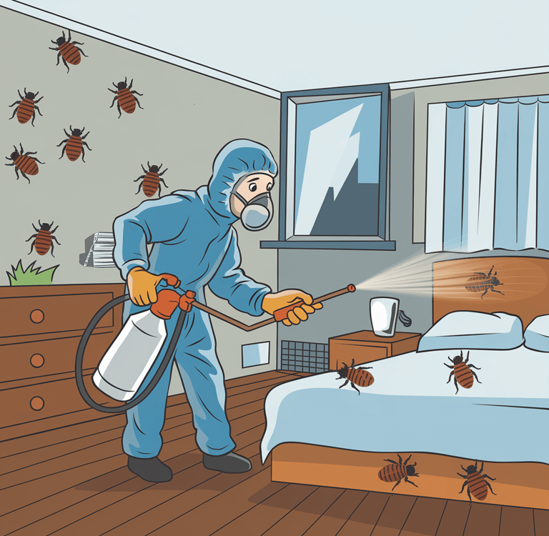 man spraying Ortho home defense bug spray to kill bed bugs