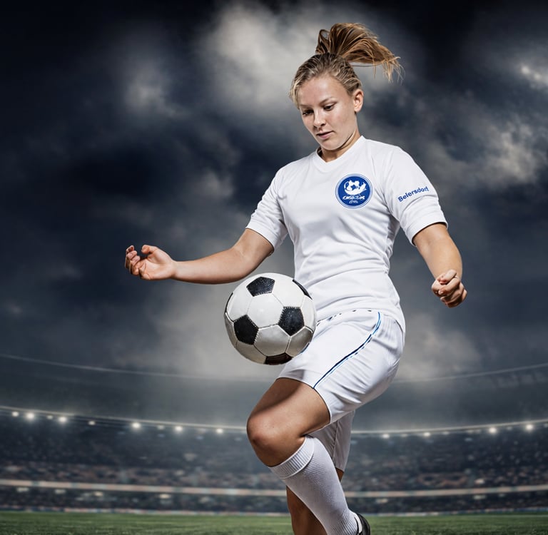 Female soccer player in a white uniform juggling a ball in a large stadium under a dark sky.