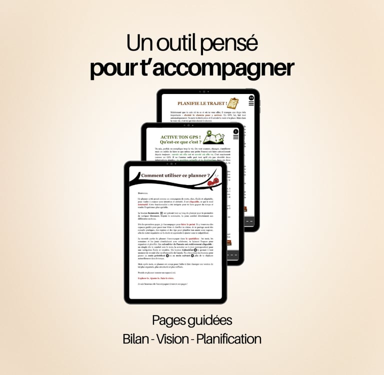 Écrans de tablettes numériques affichant des pages de planification guidée