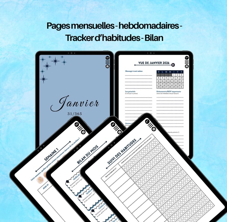 Agenda numérique sur tablettes affichant des pages mensuelles, hebdomadaires et de suivi d'habitudes