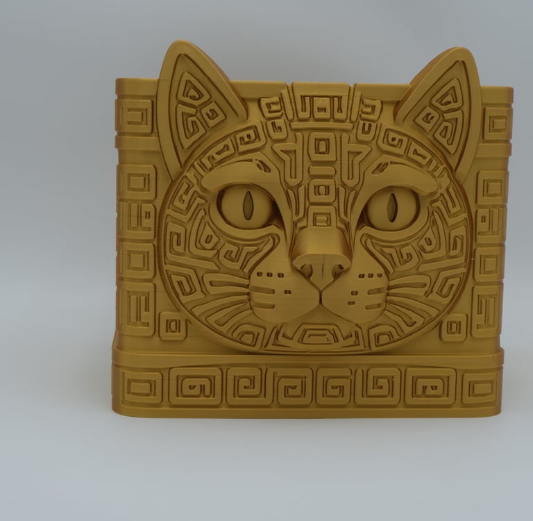 Mayan Revival cat desk organizer in gold PLA