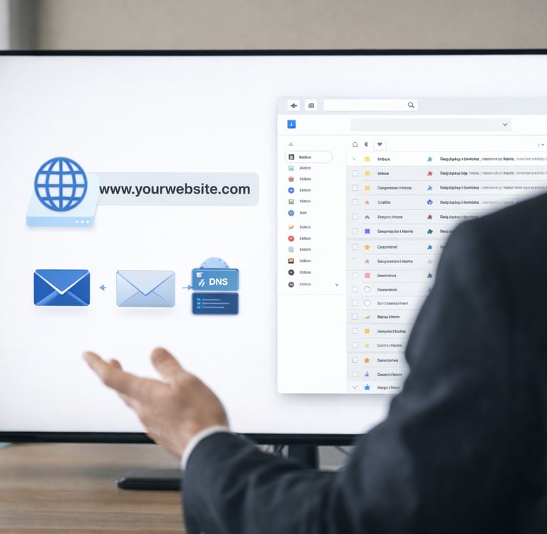 Professional man reviewing website domain and email DNS records on a large monitor.