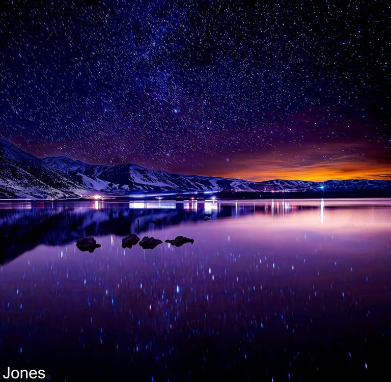 Mono Lake at night.  Hwy 395 in the background