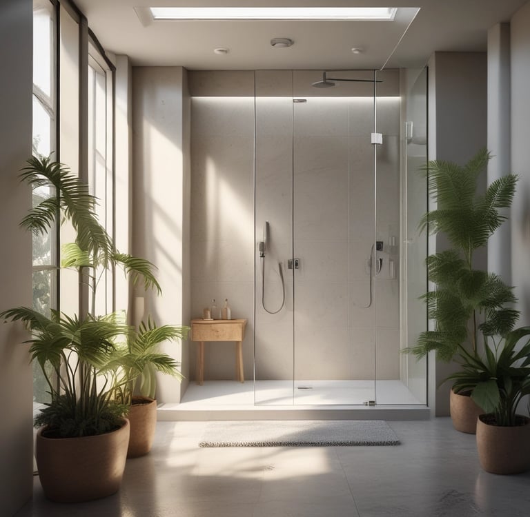 Modern gray bathroom featuring a floating vanity, large mirror, and minimalist stone tile walls.