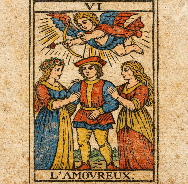 Carte L'Amoureux du Tarot de Marseille (XVIIe siècle) montrant un homme entre deux femmes et un ange