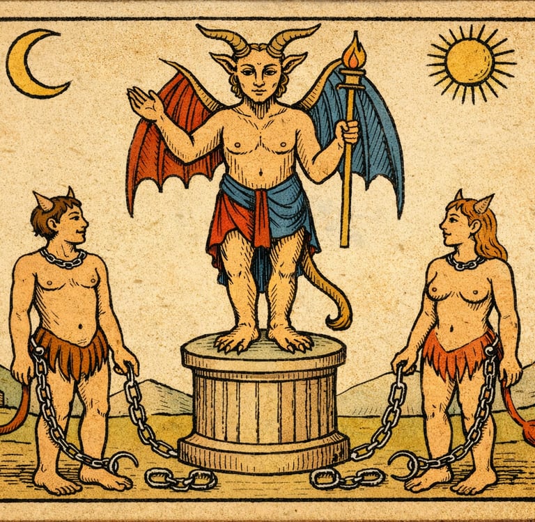 Carte du Diable du tarot de Marseille montrant deux personnages aux chaînes ouvertes