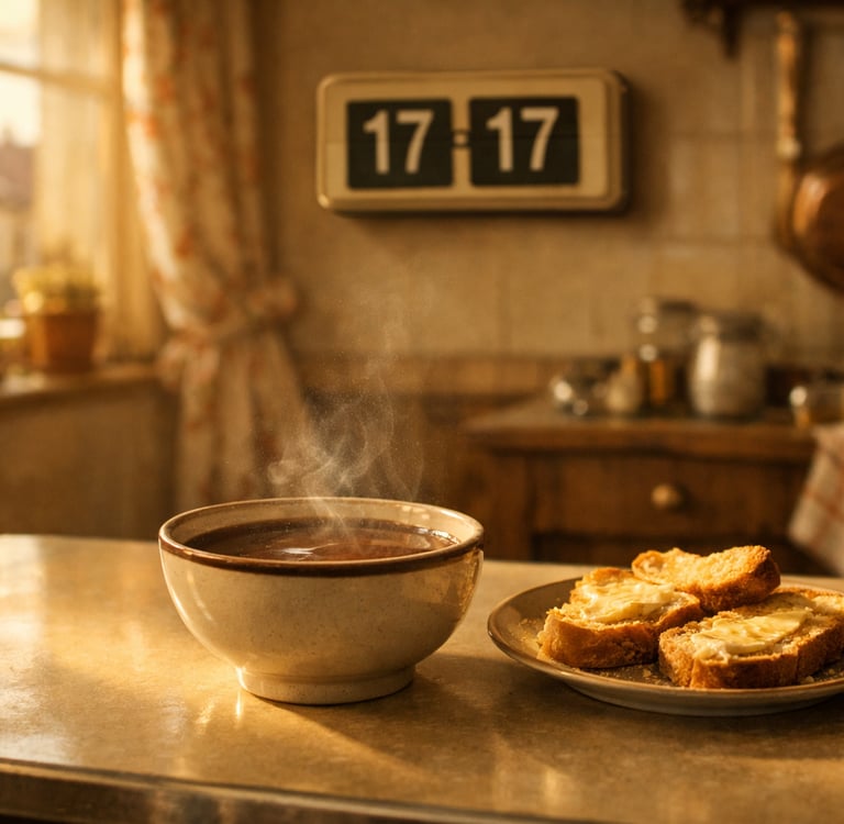 Horloge murale affichant 17h17 dans une cuisine française avec chocolat chaud et tartines