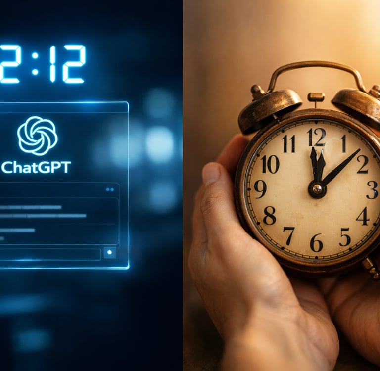 interface ChatGPT montrant 12h12 en bleu numérique contre mains tenant horloge analogique 12h12