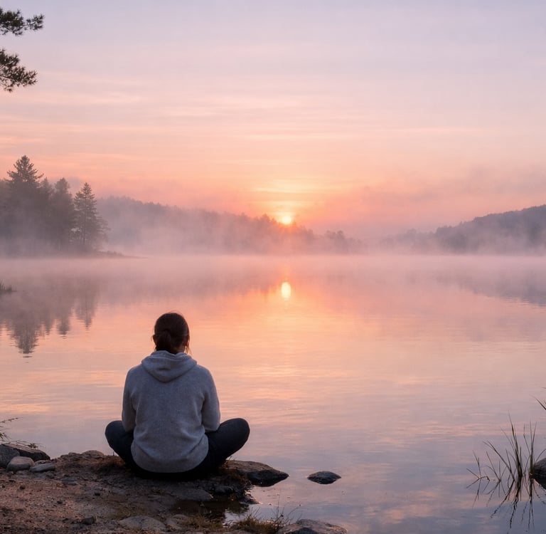 Personne en meditation au bord de l'eau au lever du soleil pour développer son intuition