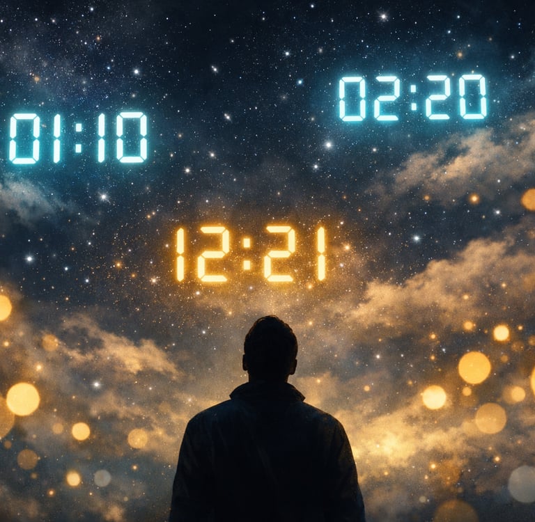 Heures miroir 01h10 02h20 12h21 dans un ciel nocturne étoilé
