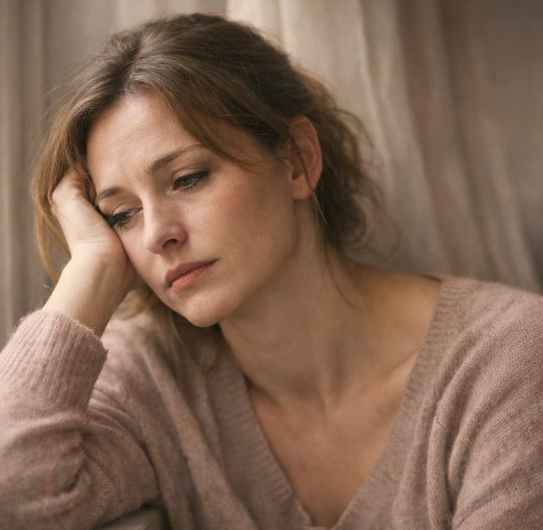 Femme fatiguée émotionnellement près d'une fenêtre, tête appuyée sur sa main