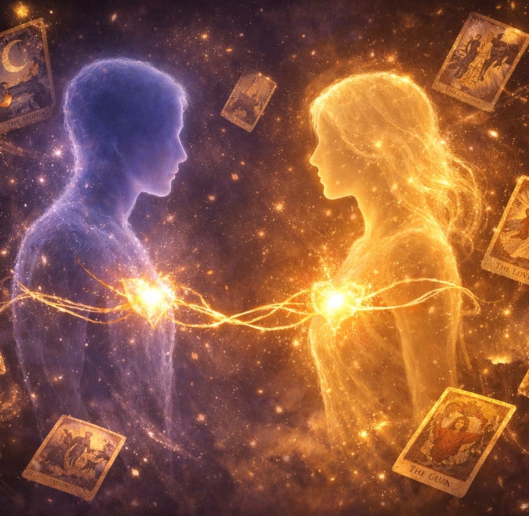 Deux silhouettes reliées par un fil de lumière, entourées de cartes de tarot