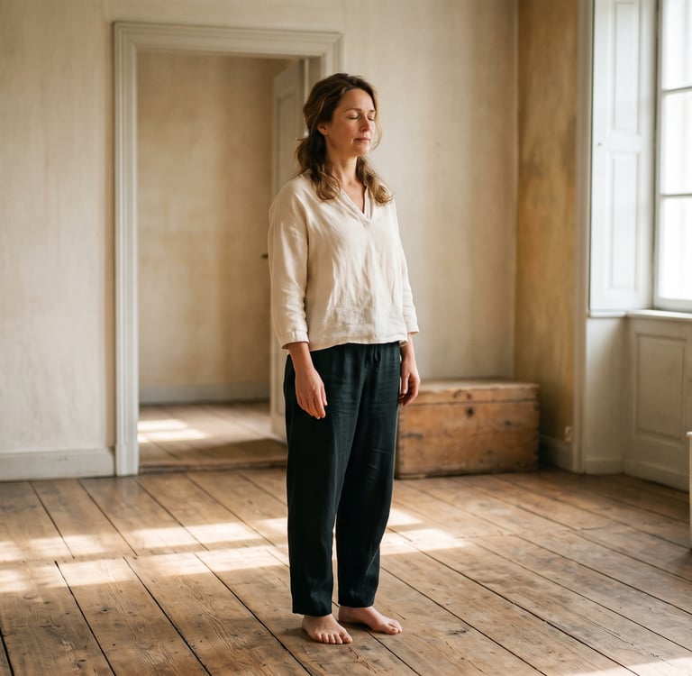 Femme sereine debout dans la lumière dorée — silence radio flamme jumelle et présence intérieure