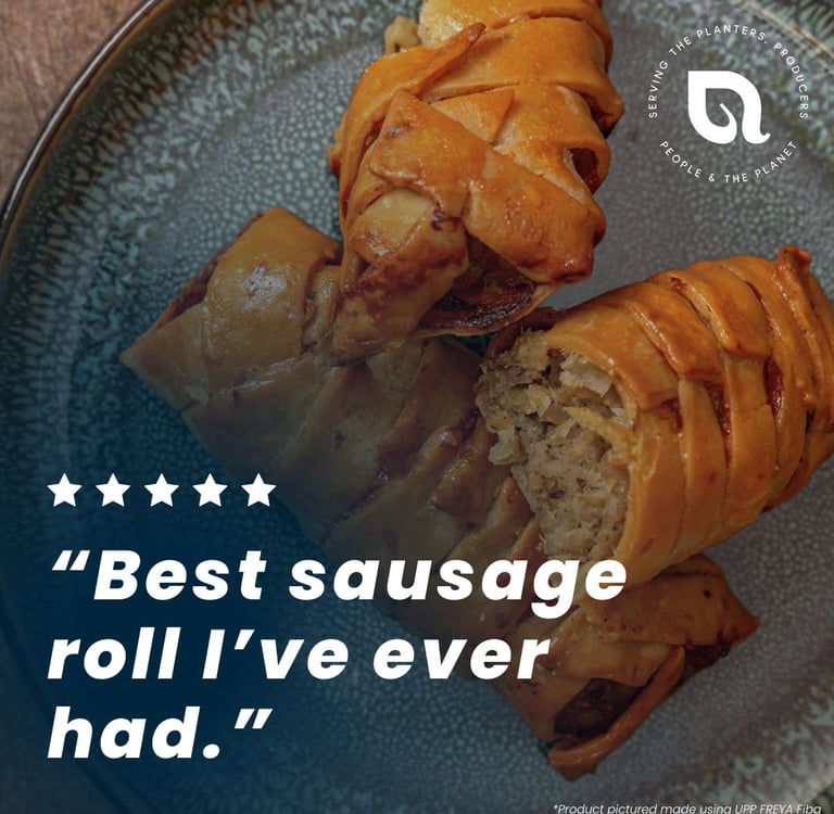 Sausage rolls with broccoli fibre in filling and casing to improve margin, sustainability, nutition