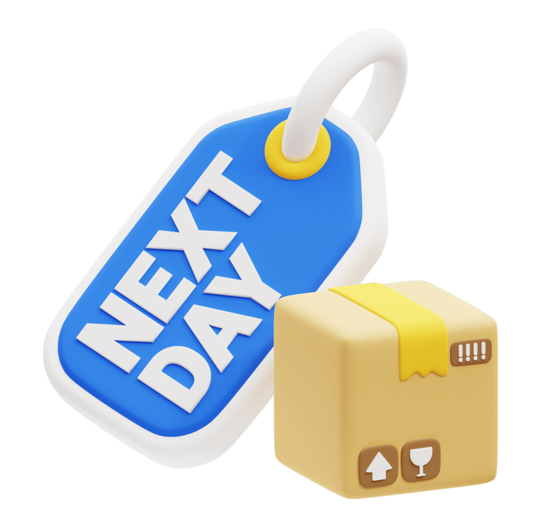 a box with a tag next to a box with a tag that says “Next Day Delivery”