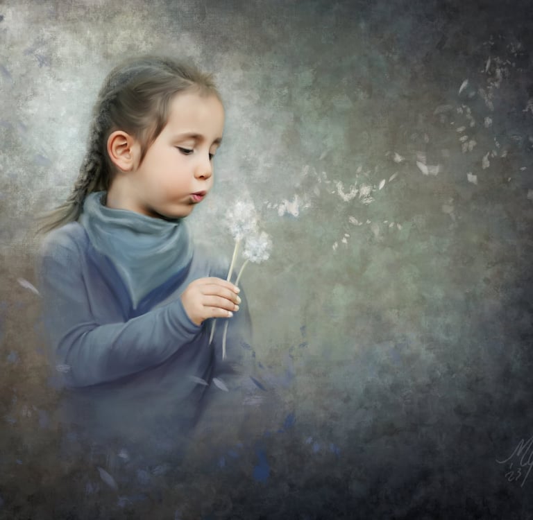 painting of a young girl blowing a dandelion