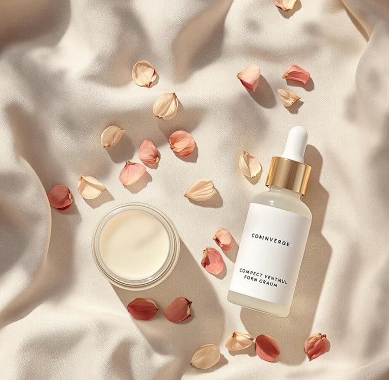 Luxury skincare serum bottle and face cream jar with rose petals on draped silk fabric.