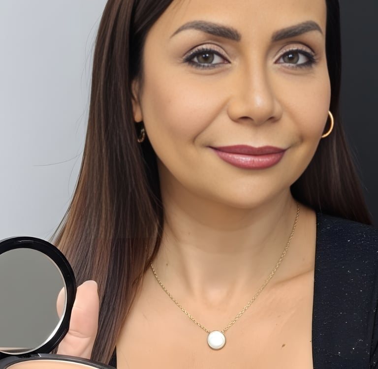 A smiling woman with long brown hair holding a makeup compact with pressed powder foundation.