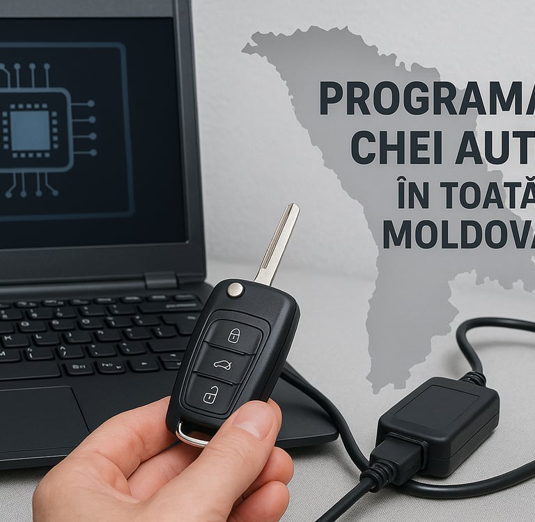 Laptop conectat la cheie auto pentru programare în Chișinău și toată Moldova