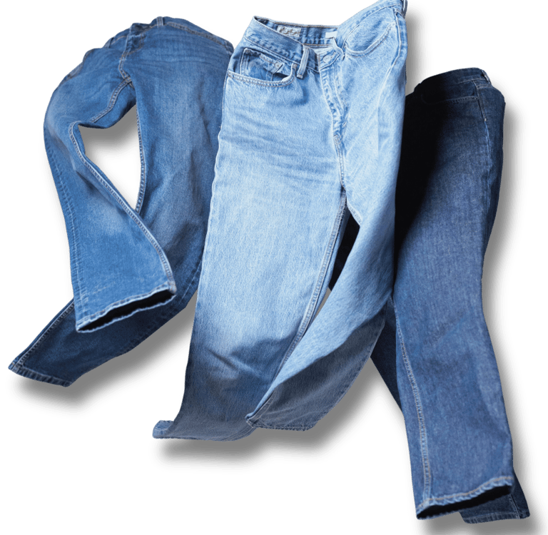 Calças jeans em diferentes lavagens representando a variedade de tecidos jeans disponíveis no catálo