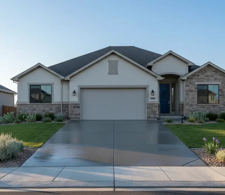 House a a freshly poured concrete driveway in Riverton, UT