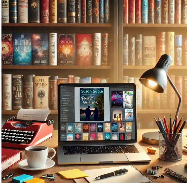 Laptop displaying book covers on a desk with a vintage typewriter and library background.