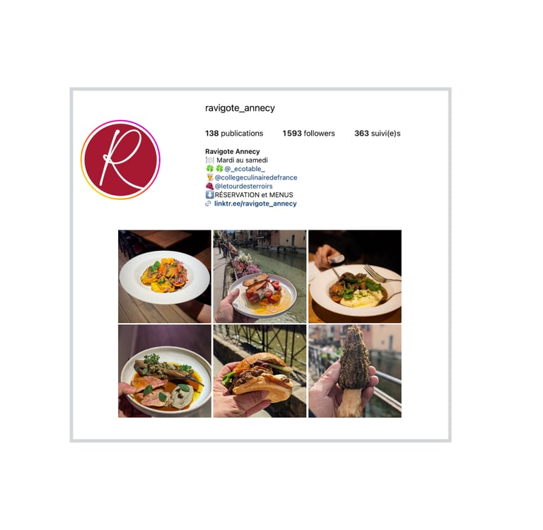 Aperçu de la page Instagram du restaurant ravigote avec 6 photographie de plats