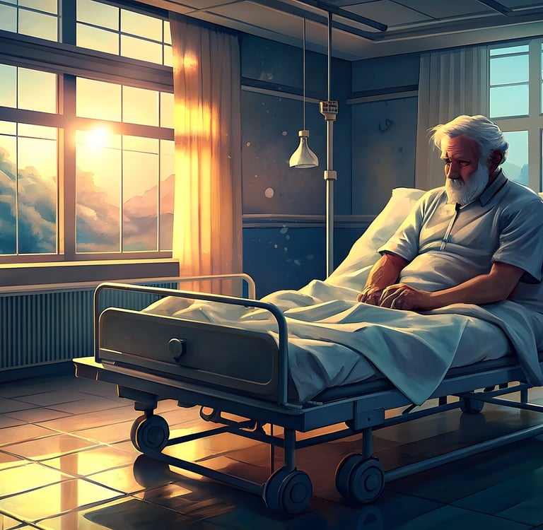 Homem em uma cama de hospital, simbolizando reabilitação e recuperação.