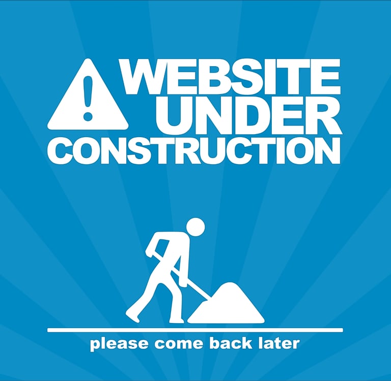 Aviso de site em construção com mensagem para retornar em breve.