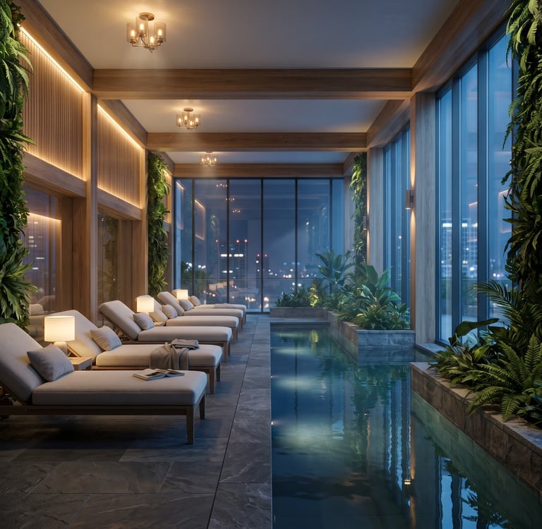 spa relaxation area with pool and greenery by south african spa consultant