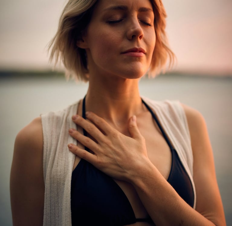 a woman observing her breathing mindfully