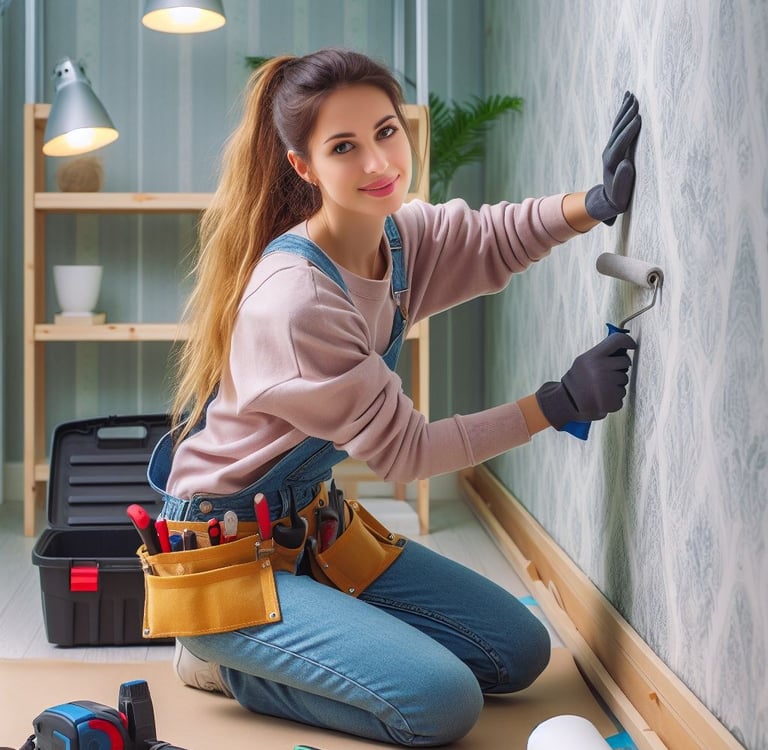 a woman in a workwear suit and a tool belt