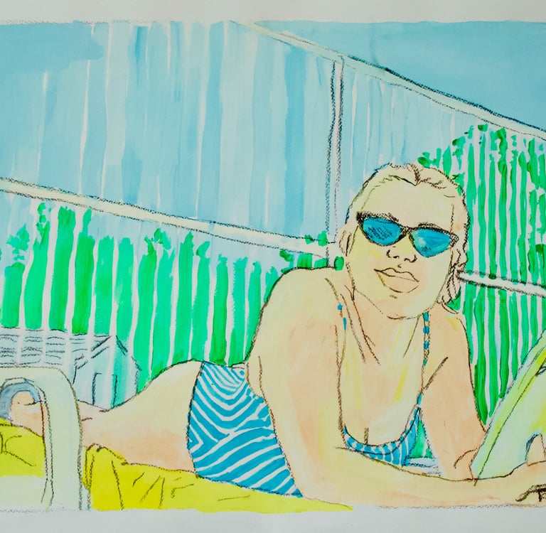 Peinture femme au bord de la piscine  - Artiste peintre Bordeaux