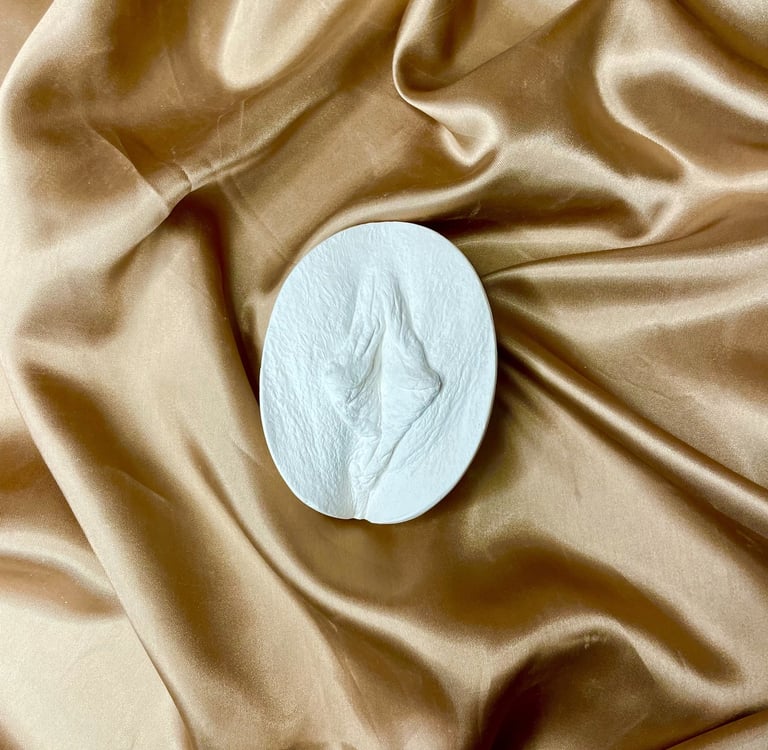 Vulve en plâtre oval sur fond doré - Moulage intime Bordeaux