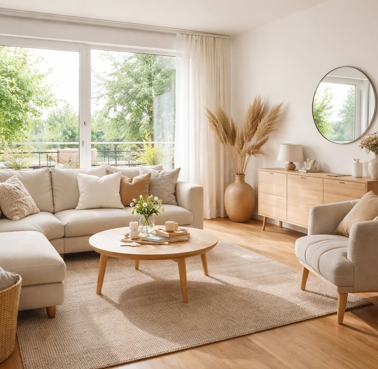 Salon lumineux d’un logement premium en location courte durée