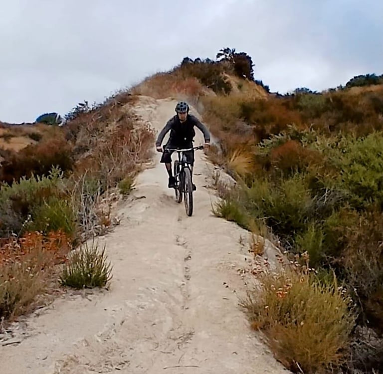 Mountain biker riding down a steep narrow trail