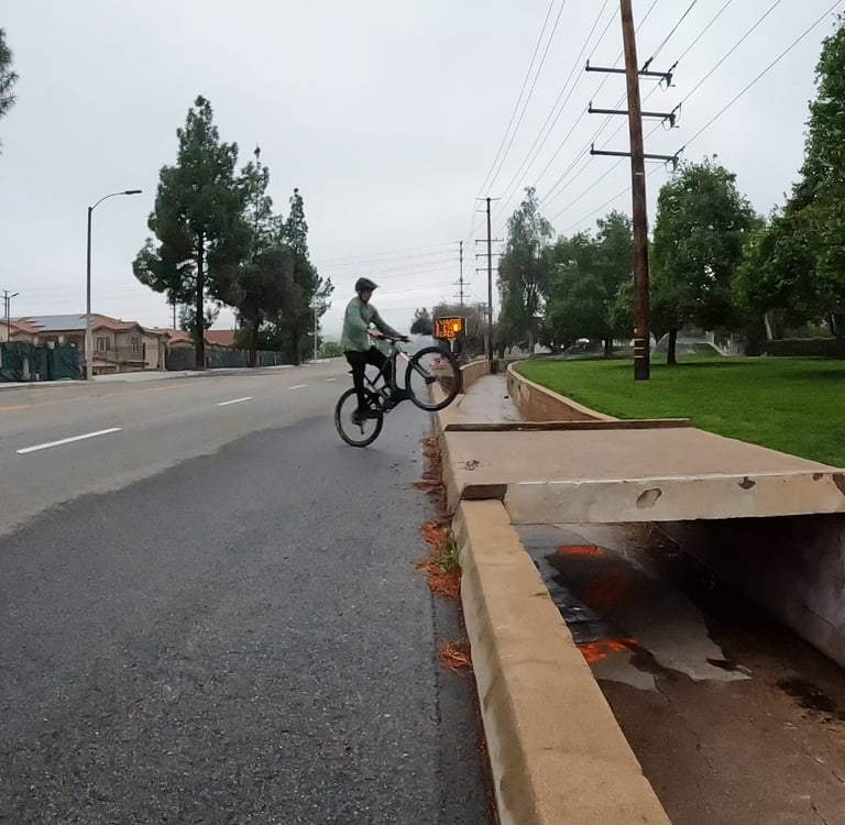 mountain biker bunnyhopping up a curb