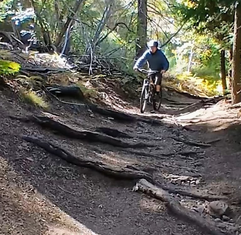 Mountain biker riding of roots