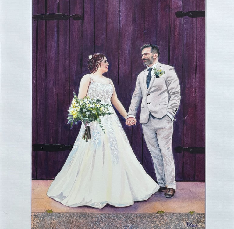 Watercolour of bridge and groom infront of barn doors