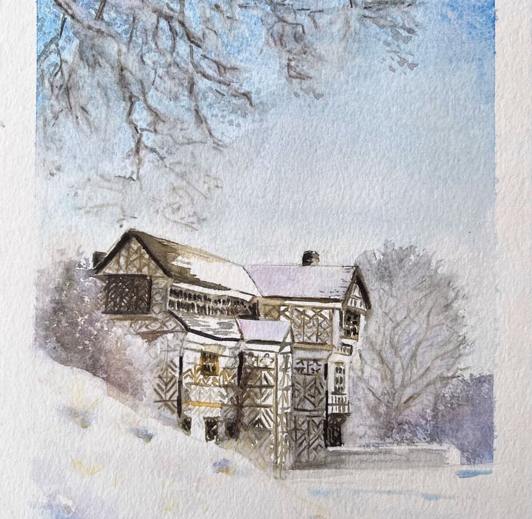Watercolour snow scene of Mossley Hall