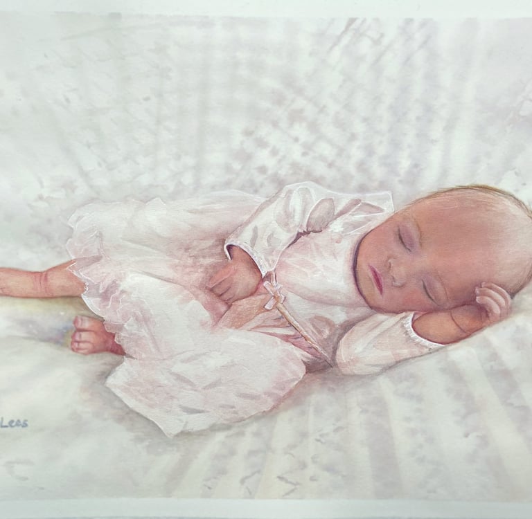 Watercolour of a baby sleeping on a blanket