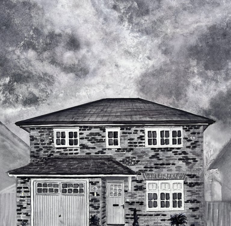 Watercolour of a modern house with a cloudy sky