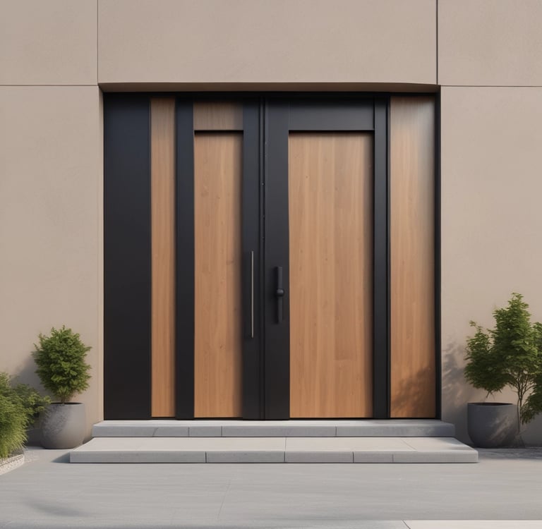 a modern front door with a wooden door and a planter