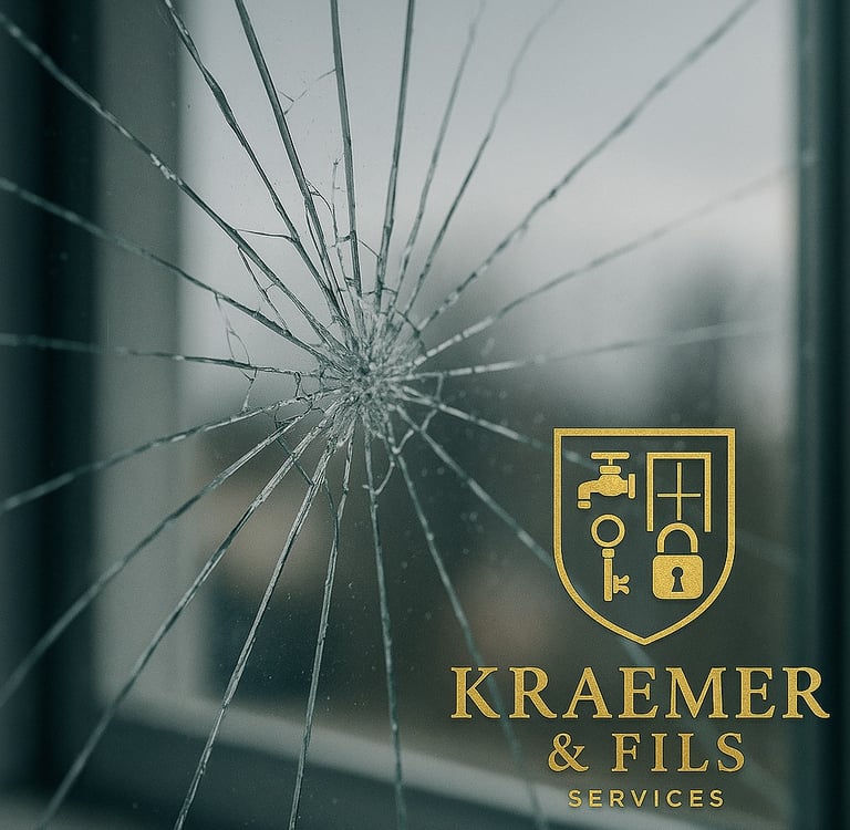 a broken glass window with a logo on it